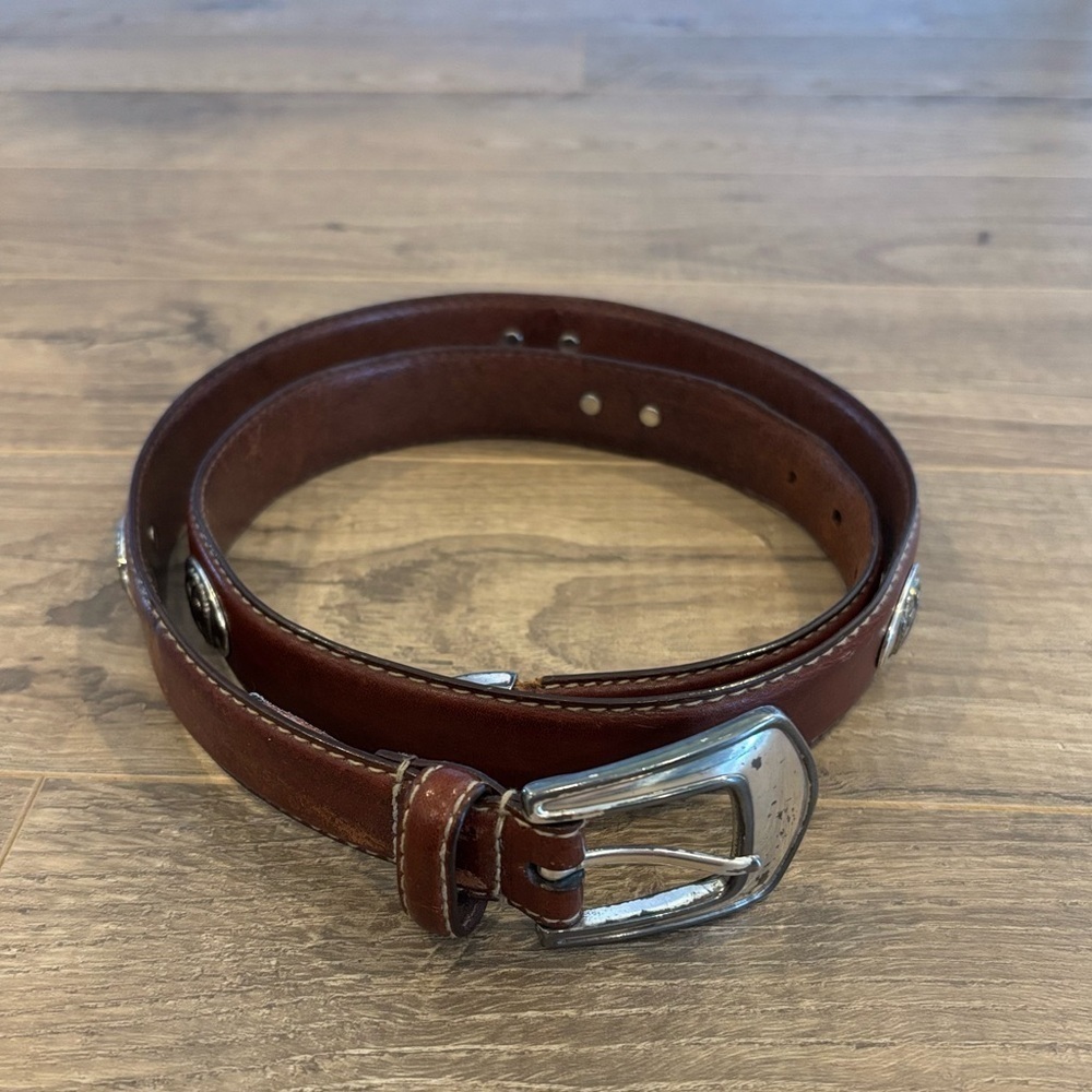 Fossil Men’s Brown Leather Belt Silver Buckle Studded Concho Golf Western Style